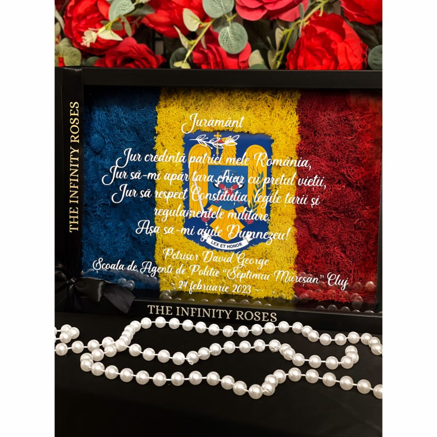 Tablou cu inimioara din licheni rosii cu mesaj personalizat pentru parinti/familie Tablou cadou Depunere Juramant POLITIA ROMANA - Depunere Juramant militar