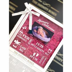 Tablou personalizat cu poza bebelusului, numele si detalii de la nastere