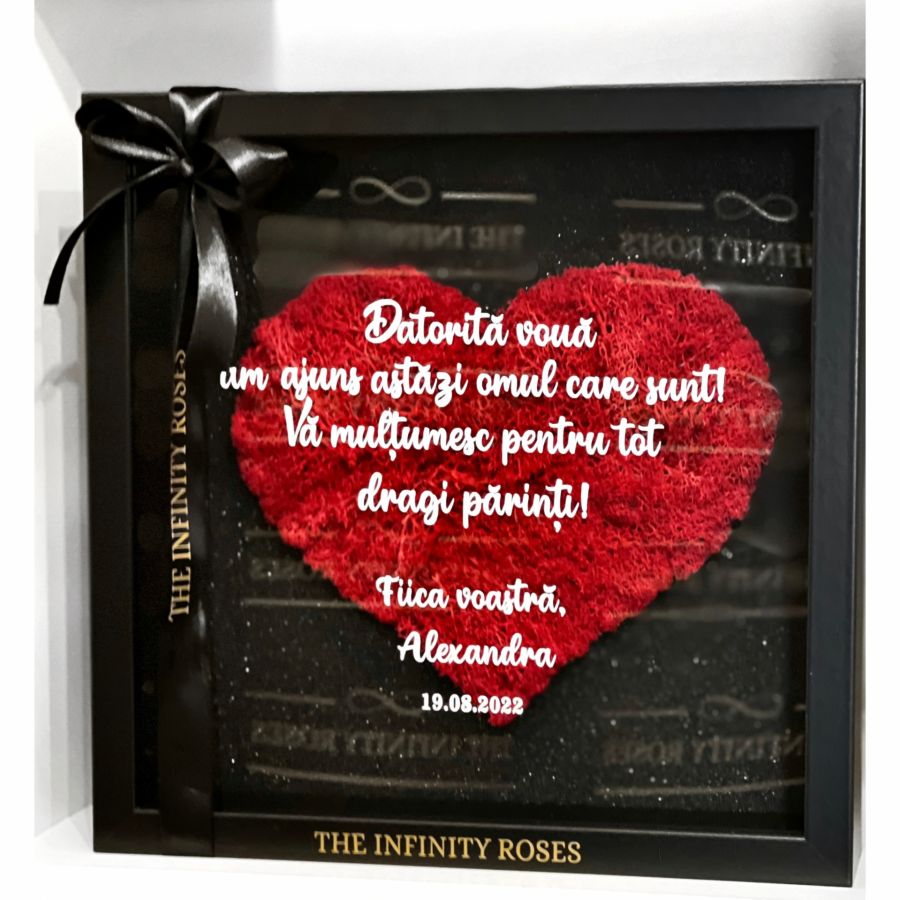 Tablou cu mesaj personalizat pentru 25 de ani de casatorie-nunta de argint din partea copiilor Tablou cu inimioara din licheni rosii cu mesaj personalizat pentru parinti