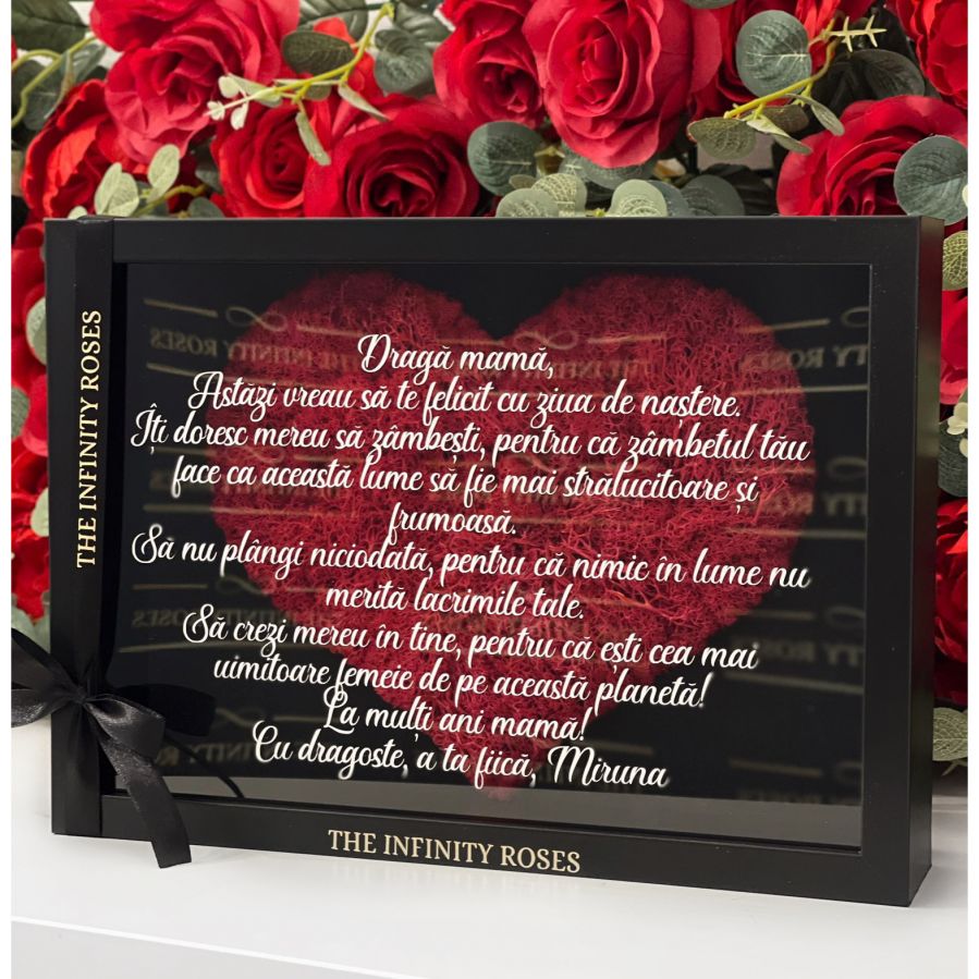 Tablou cu inimioara din licheni rosii cu mesaj personalizat pentru mama Tablou pentru mama personalizat cu mesajul dvs