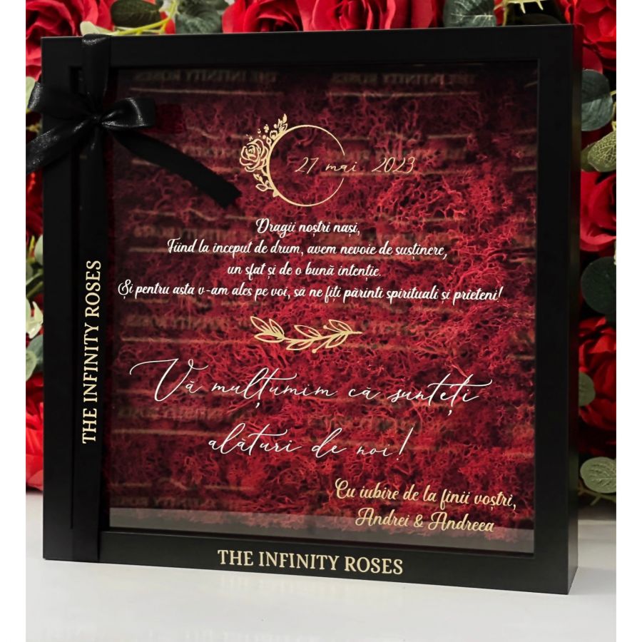 Cutie inel de logodna cu petale de trandafiri criogenate Tablou personalizat pentru nasi cu mesajul “ Va multumim ca ati acceptat sa fiti nasii nostri! “