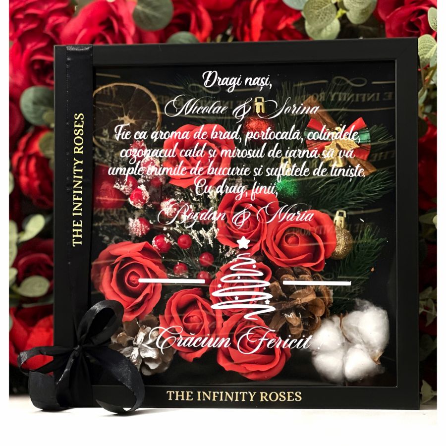 Felicitare de Craciun neagra cu text auriu THE INFINITY ROSES pentru diriginta-profesoara-invatatoare Tablou personalizat cadou pentru nasi de craciun
