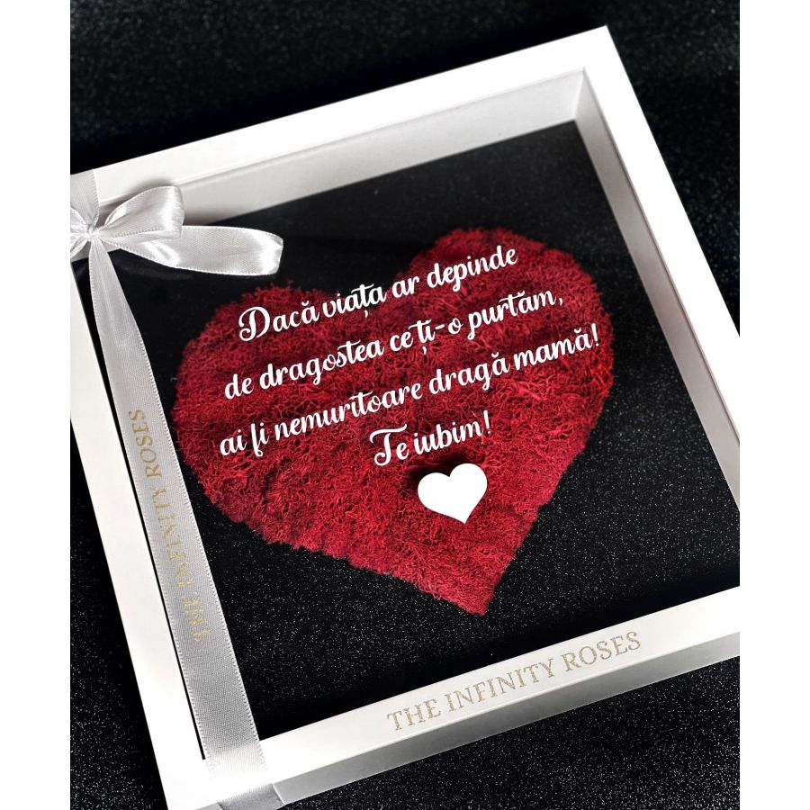 Cutie cadou pentru nasi cu mesajul ” Vreti sa fiti nasii nostri ? “ Tablou cu inimioara din licheni rosii cu mesaj personalizat pentru mama