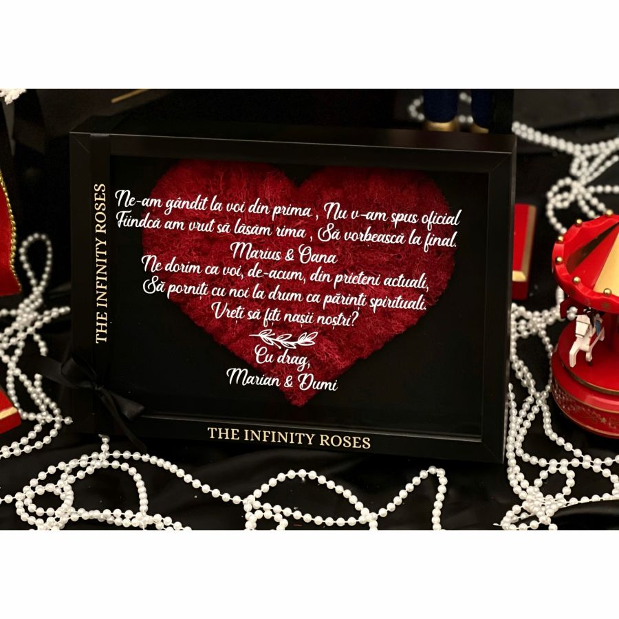 Tablou cu inimioara din licheni rosii cu mesaj personalizat pentru prietena cea mai buna Tablou personalizat pentru nasi cu mesajul “ Vreti sa fiti nasii nostri? “
