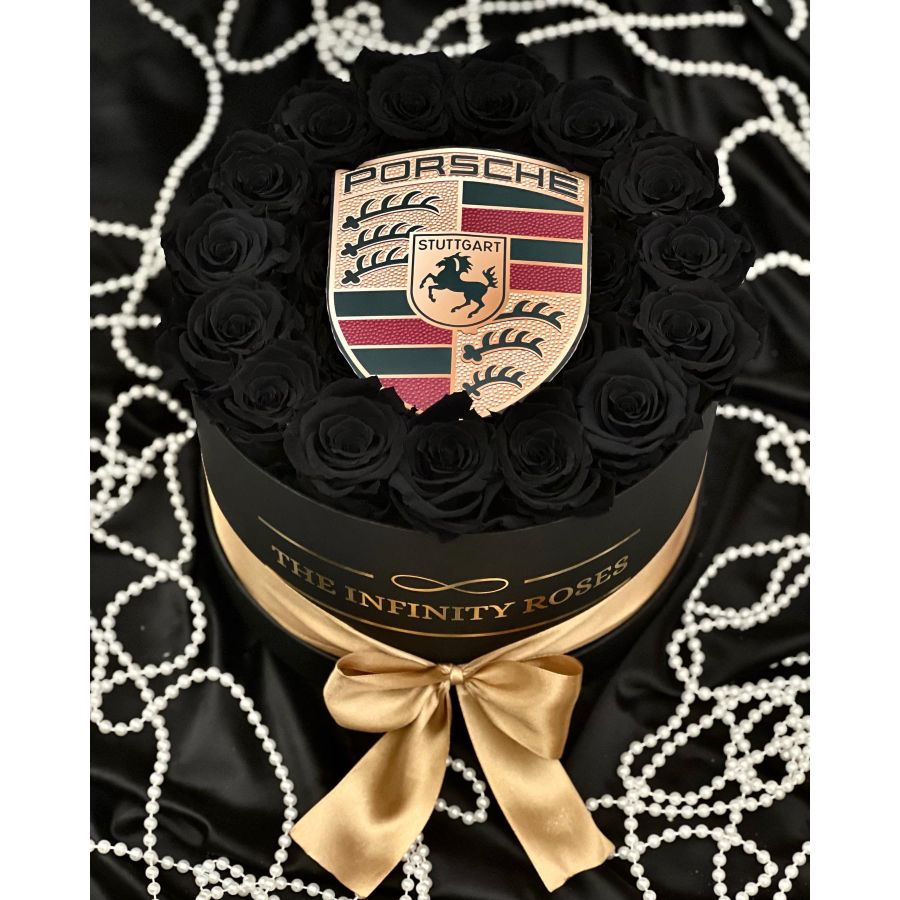 STANDARD BOX Cutie medie cu trandafiri criogenati negri personalizata cu emblema PORSCHE