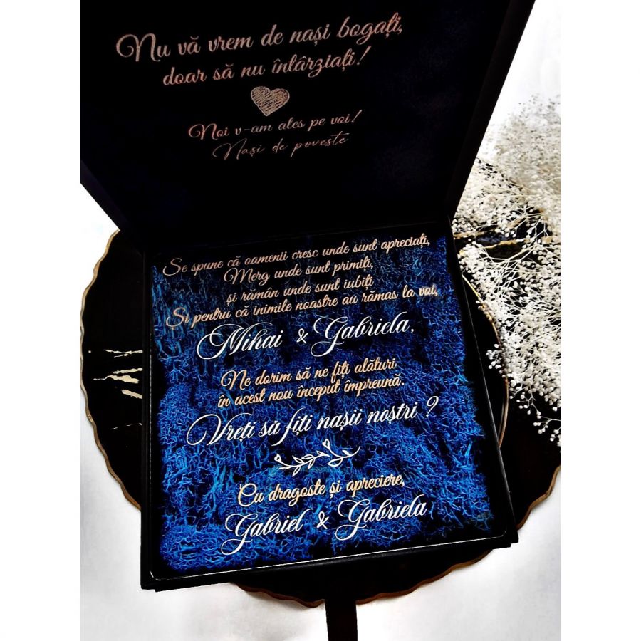Tablou cu mesaj personalizat pentru 25 de ani de casatorie-nunta de argint din partea copiilor Cutie cadou pentru nasi cu mesajul ” Vreti sa fiti nasii nostri ? “