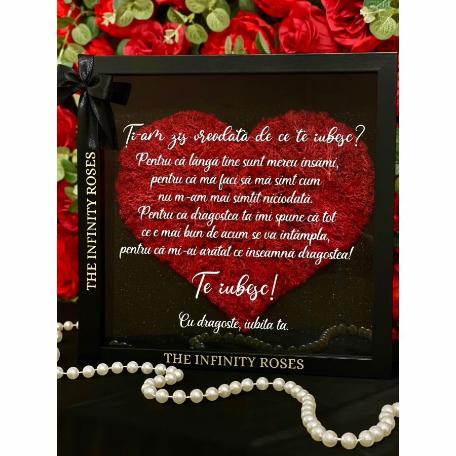Dom de sticla cu 1 trandafir inima criogenat rosu si cutie Tablou cu mesaj personalizat pentru iubit Valentine’s Day 