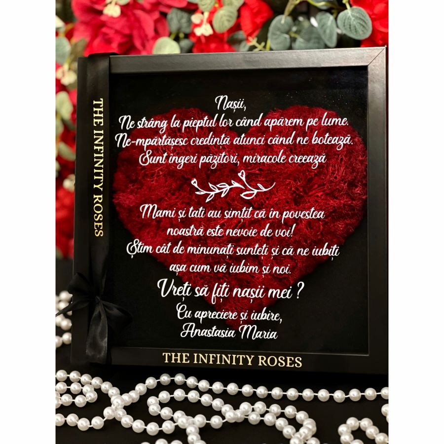 Tablou cu inimioara din licheni rosii cu mesaj personalizat pentru mama Tablou personalizat pentru nasi de botez cu mesajul “ Vreti sa fiti nasii mei? “