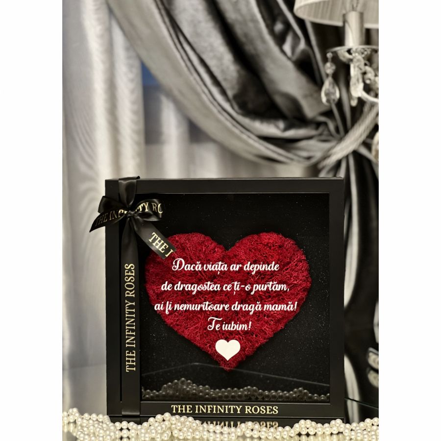 Cutie cadou tip felicitare Depunere Juramant ABSOLVIRE Jandarmerie Tablou cu inimioara din licheni rosii cu mesaj personalizat pentru mama