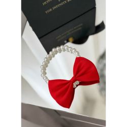 Colier din perle fine cu papion elegant rosu pentru catei si pisici