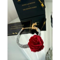 Colier din cristale reglabil cu trandafir textil rosu pentru catei si pisici