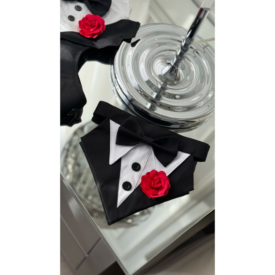 Frac tuxedo royal cu papion pentru catei si pisici XS-S-M- Bandana tuxedo eleganta pentru gat pentru catei si pisici