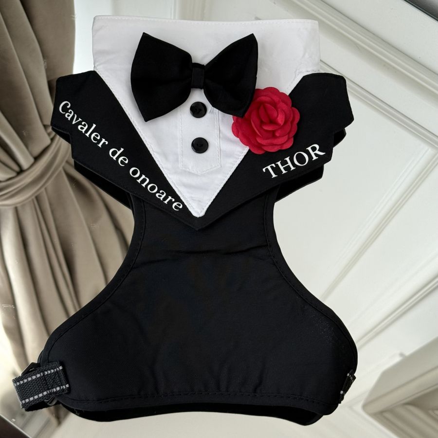 Ham tuxedo elegant pentru catei si pisici personalizat cu numele blanosului