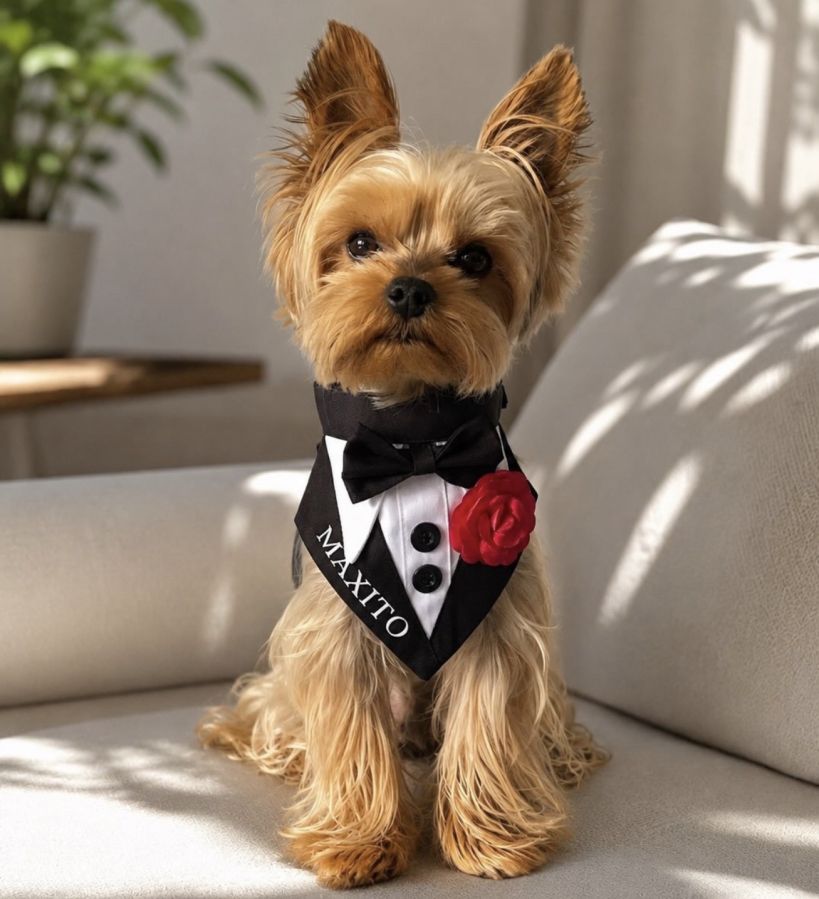 Bandana tuxedo eleganta pentru catei si pisici personalizat cu numele blanosului