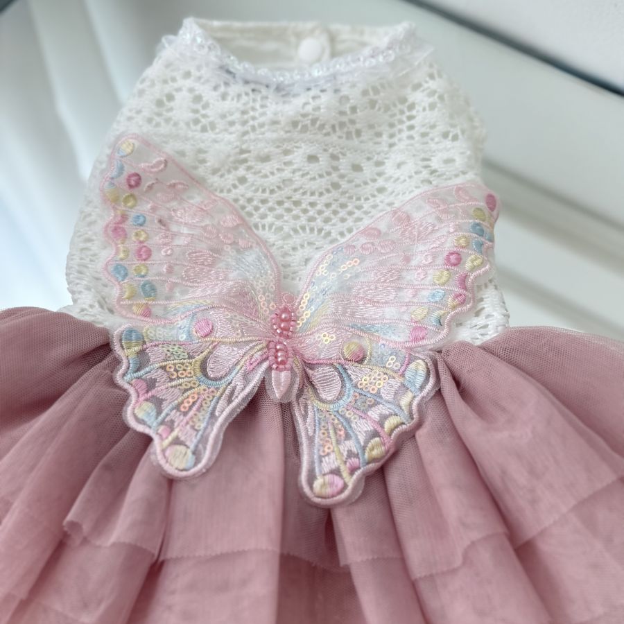 Rochita eleganta pentru caini si pisici, roz pudrat cu tulle si fluture brodat S-M