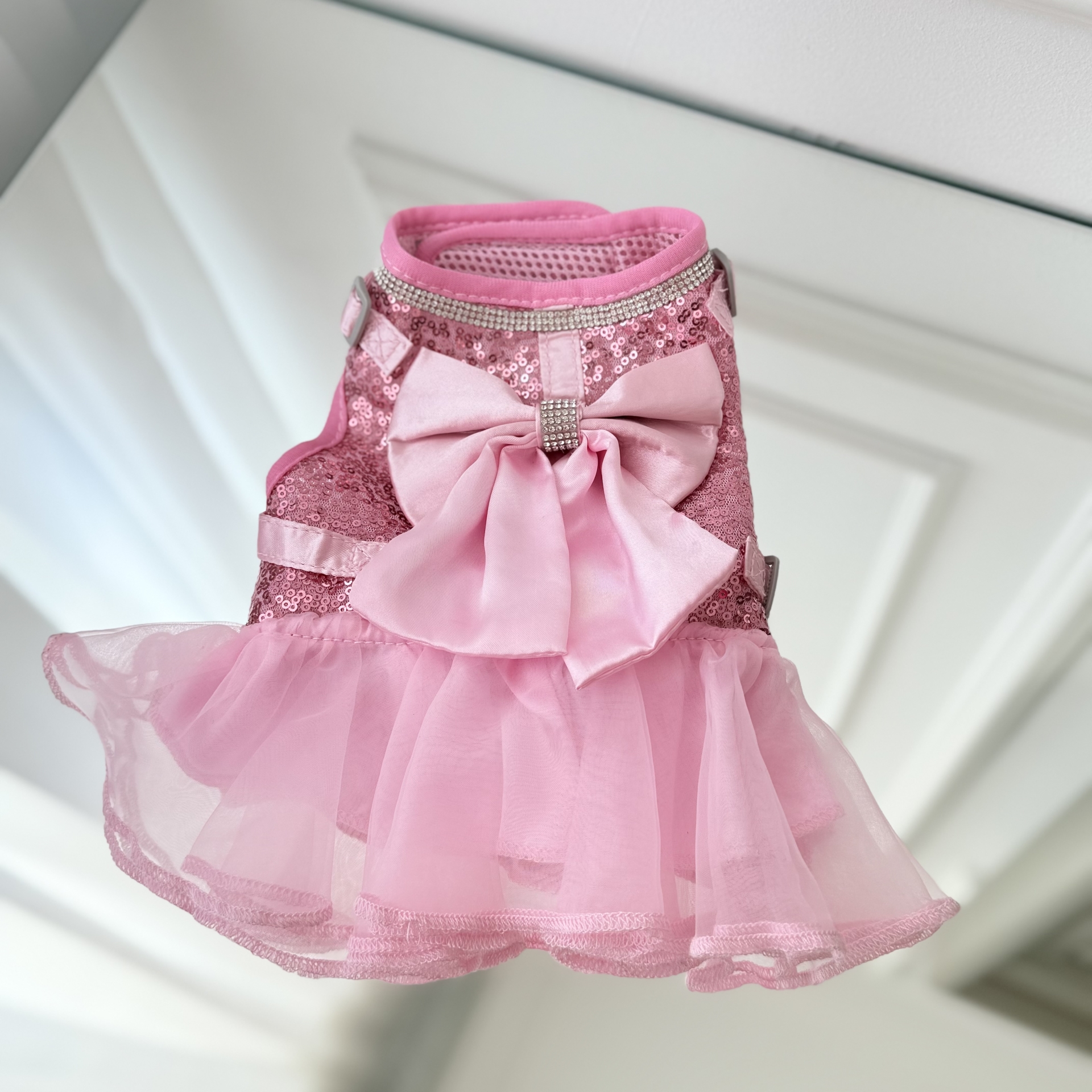 Ham rochita elegant pentru caini si pisici, roz cu paiete, fundita si tulle S-M