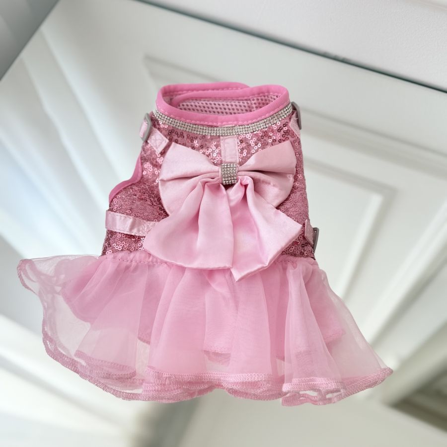  Ham rochita elegant pentru caini si pisici, roz cu paiete, fundita si tulle S-M