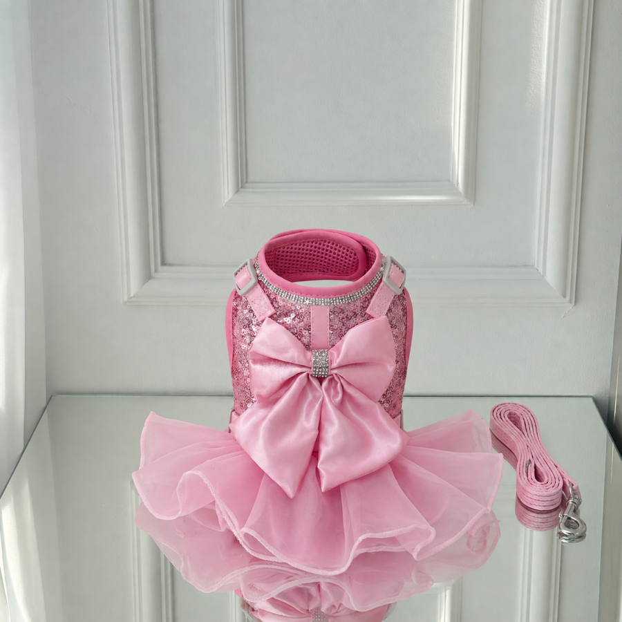 Brosa eleganta cu trandafir rosu si perle Ham rochita elegant pentru caini si pisici, roz cu paiete, fundita si tulle S-M