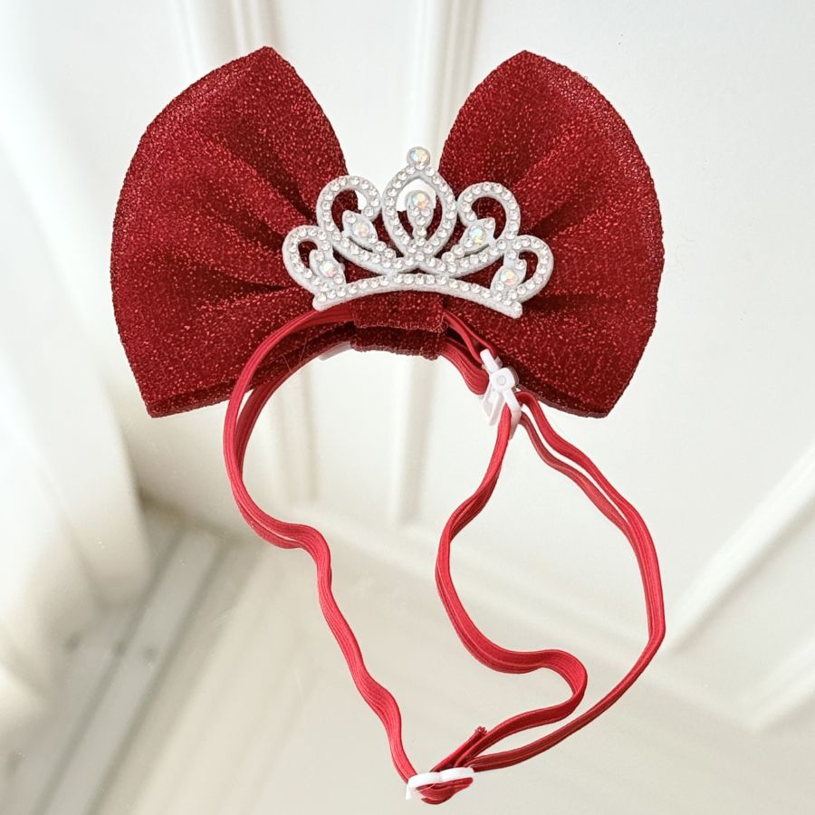  Bentita cu funda si coroana pentru caini si pisici, accesoriu elegant cu cristale, Rosu