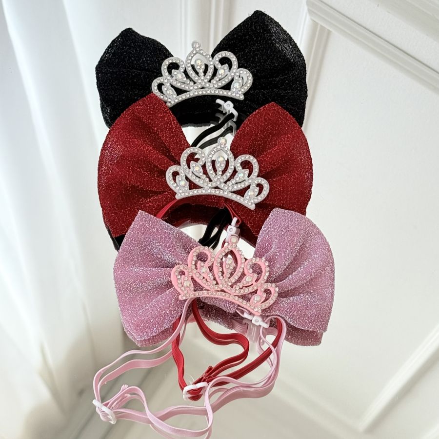 Bentita cu funda si coroana pentru caini si pisici, accesoriu elegant cu cristale, Rosu