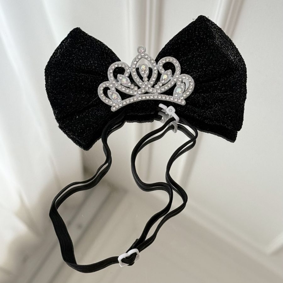  Bentita cu funda si coroana pentru caini si pisici, accesoriu elegant cu cristale, Negru