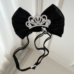 Bentita cu funda si coroana pentru caini si pisici, accesoriu elegant cu cristale, Negru