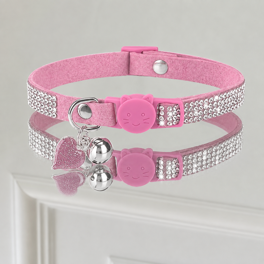  Zgarda Glam Cat cu cristale, inimioara si clopotel, roz 