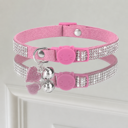 Zgarda Glam Cat cu cristale, inimioara si clopotel, roz 