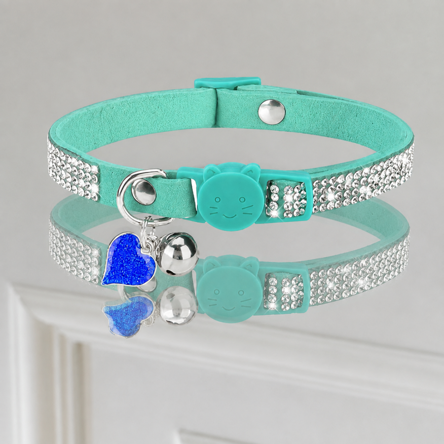 Colier handmade de perle cu trandafir pentru femei Zgarda Glam Cat cu cristale, inimioara si clopotel, verde