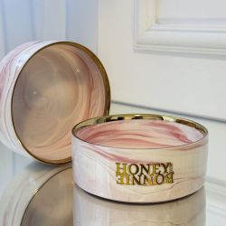 Bol din portelan pentru caini si pisici, 12 cm, model marmorat roz cu detalii aurii