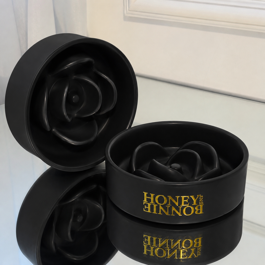 Bol Slow Feeder din ceramica pentru caini si pisici, model trandafir negru