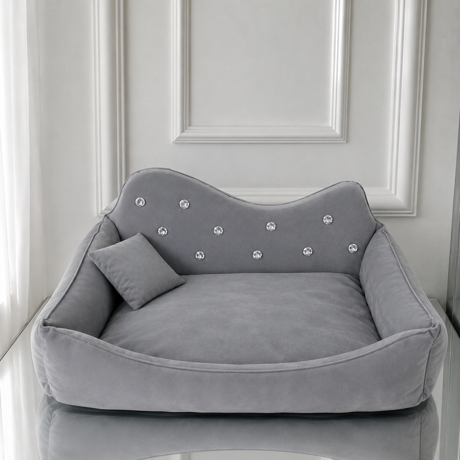 Pat sofa Luxury gri pentru caini si pisici, cu cristale decorative