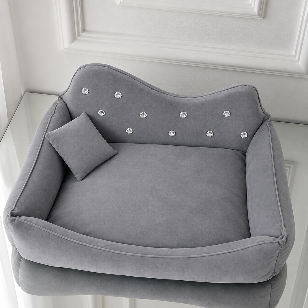 Pat sofa Luxury gri pentru caini si pisici, cu cristale decorative