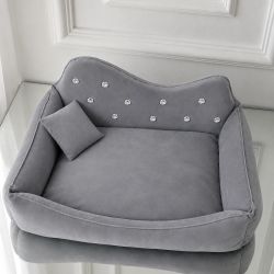 Pat sofa Luxury gri pentru caini si pisici, cu cristale decorative
