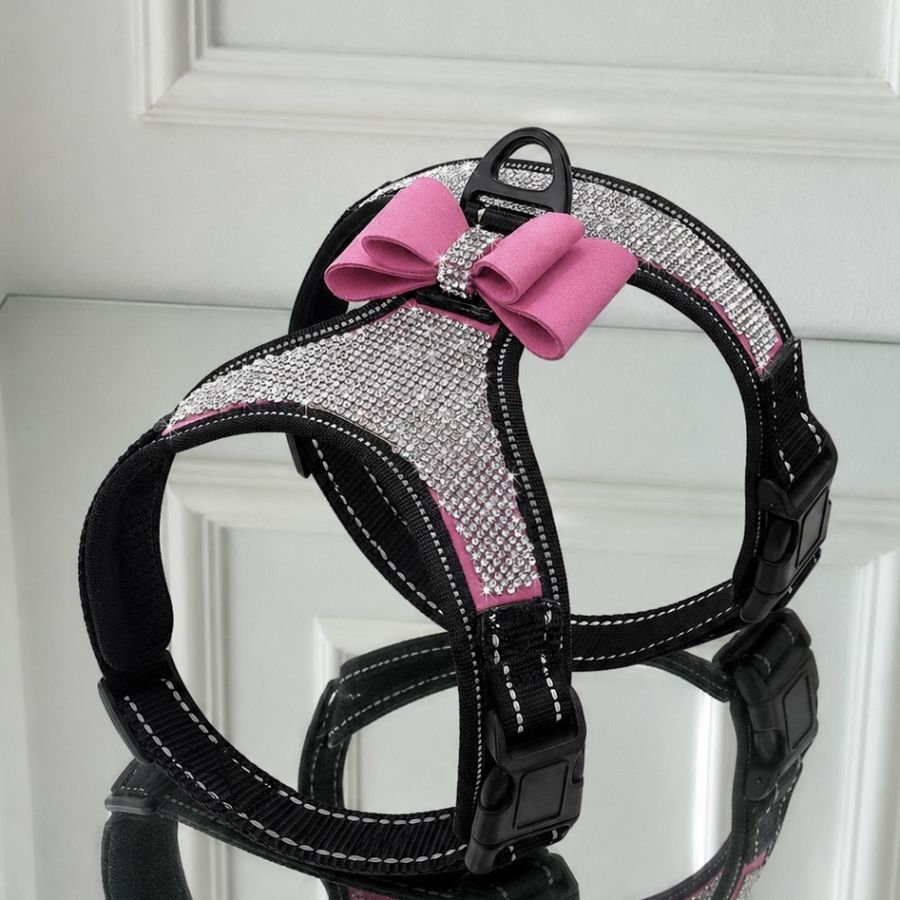 Colier elegant cu perle si funda pentru caini si pisici, roz  Ham luxos cu cristale Swarovski si funda pentru caini si pisici roz