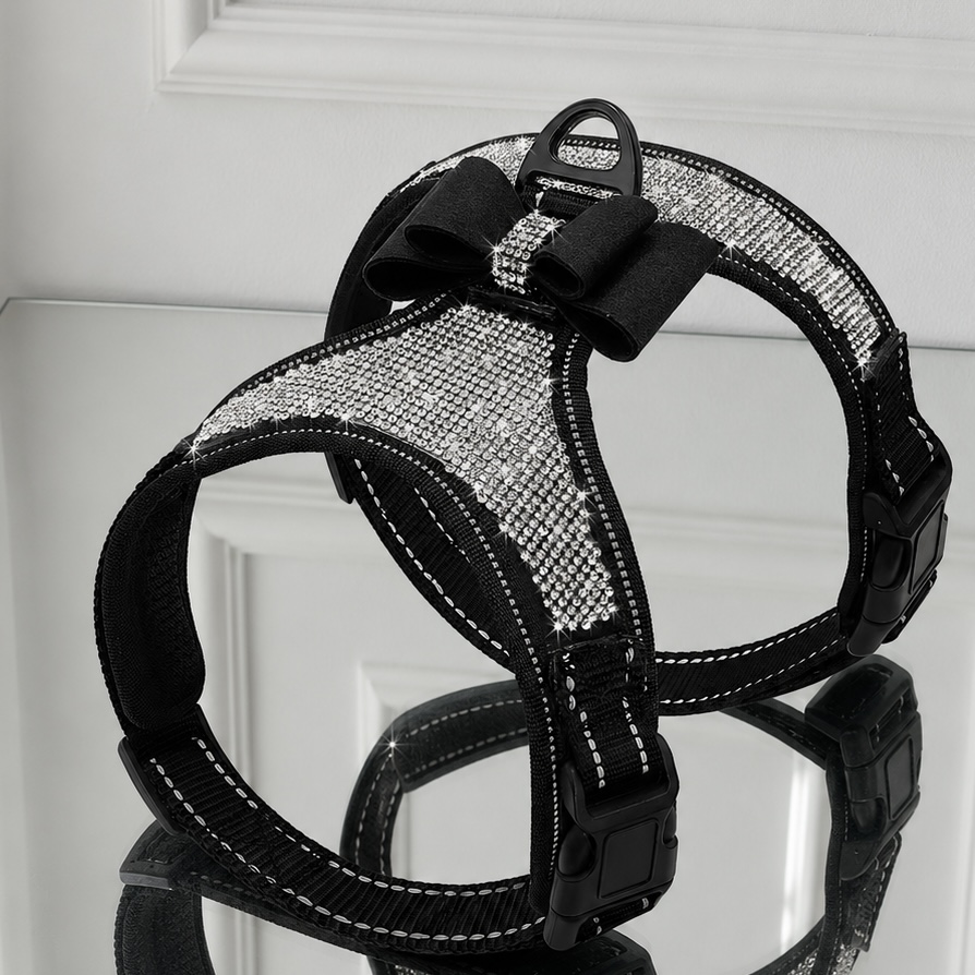 Lesa retractabila neagra cu sclipici si cristale Swarovski, 3 metri, pentru caini de talie mica si medie Ham luxos cu cristale Swarovski si funda pentru caini si pisici negru
