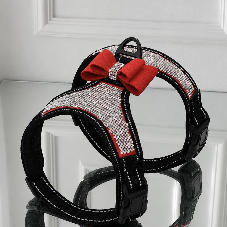 Pantofi eleganti cu toc pentru catei, model glitter cu pompon roz Ham luxos cu cristale Swarovski si funda pentru caini si pisici rosu