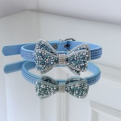 Zgarda Luxury cu fundita si cristale Swarovski pentru caini si pisici bleu