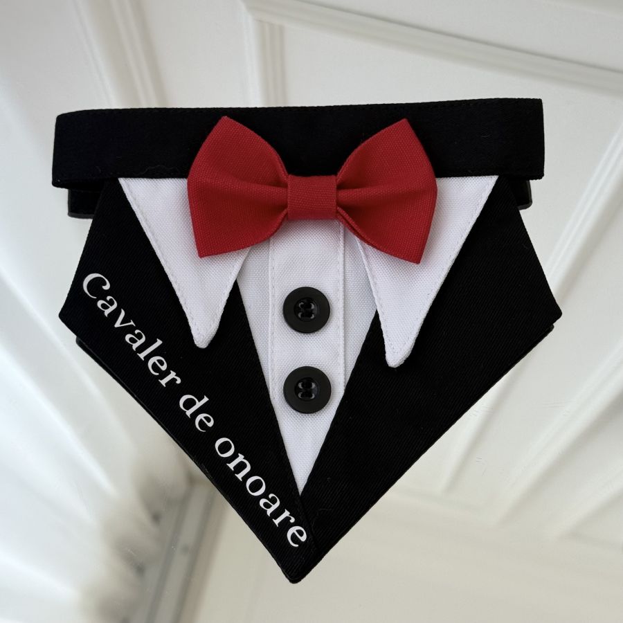 Pantofi cu toc pentru catei si pisici Bandana personalizata pentru caini si pisici „Cavaler de onoare”, cu papion rosu, mesaj si nume