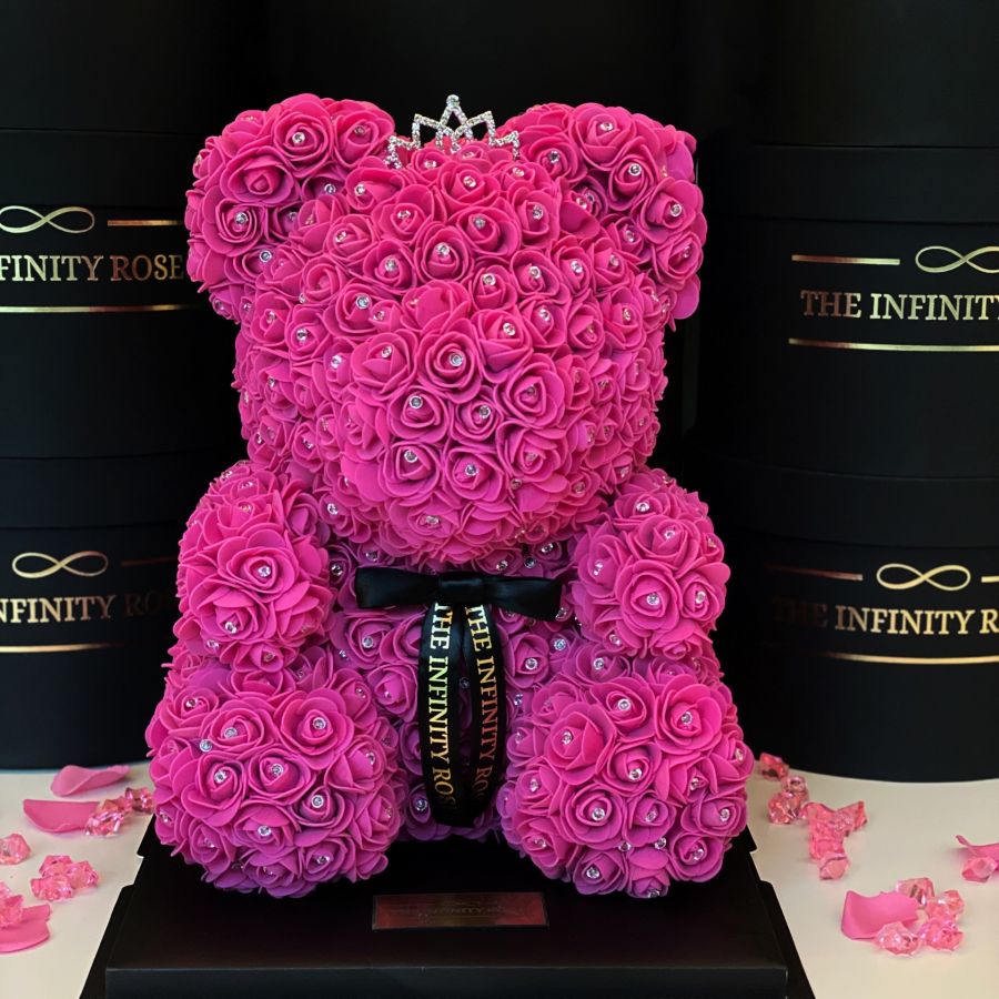 Ursulet din trandafiri roz cu coronita si perle mari,  40 cm Ursulet din trandafiri ciclam cu coronita si diamante , 40 cm inaltime