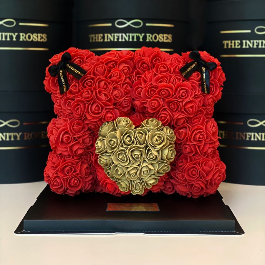 Cutie cadou tip felicitare personalizata cu mesaj pentru iubita Ursuleti din trandafiri cu inimioara din trandafiri