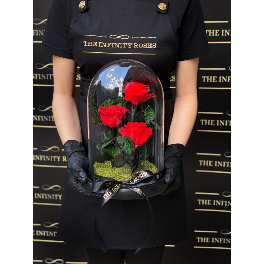 Cutie medie personalizata cu CHANEL din trandafiri criogenati Dom de sticla cu 3 trandafiri criogenati rosii