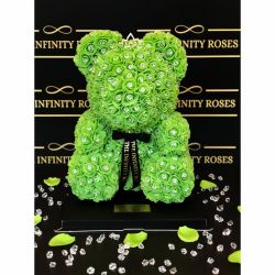 Ursulet din trandafiri verde cu coronita si diamante , 40 cm inaltime