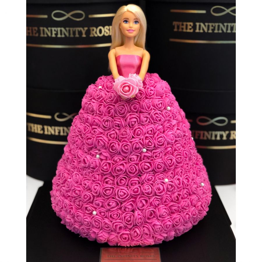 Ursulet din trandafiri roz cu coronita si diamante , 80cm inaltime Papusa Barbie din trandafiri ciclam