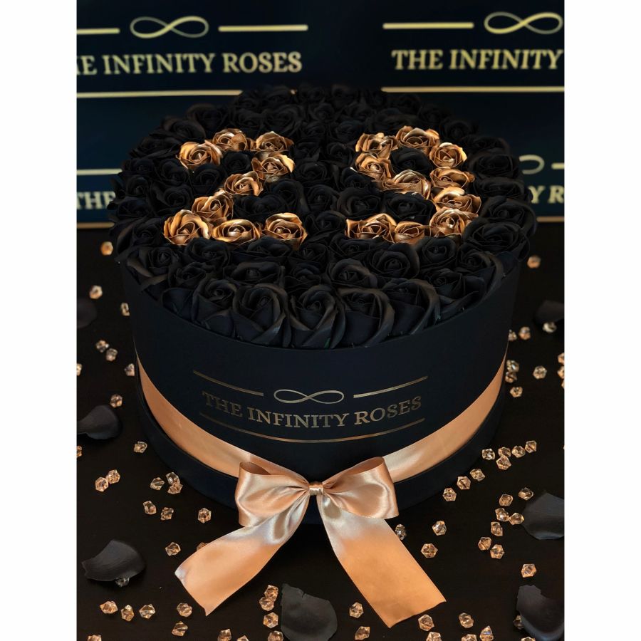 CUSTOM  BOX Cutie personalizata cu 75 trandafiri si cifrele 29 aurii