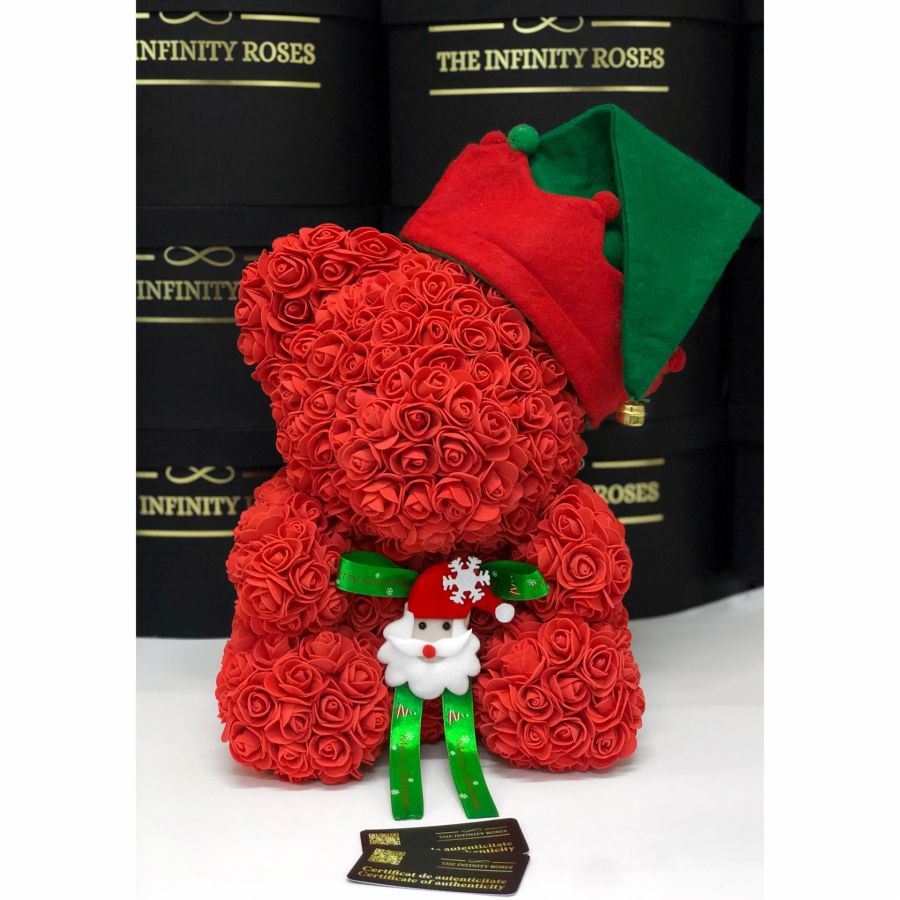 Cutie personalizata cu ren din trandafiri Ursulet , Spiridus din trandafiri , 40 cm