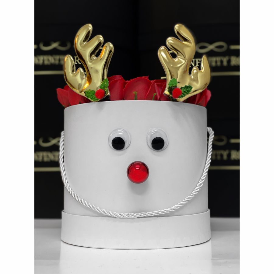 Glob de craciun personalizat cu pene-puf alb si mesajul Craciun fericit Cutie mica din trandafiri cu Rudolf 