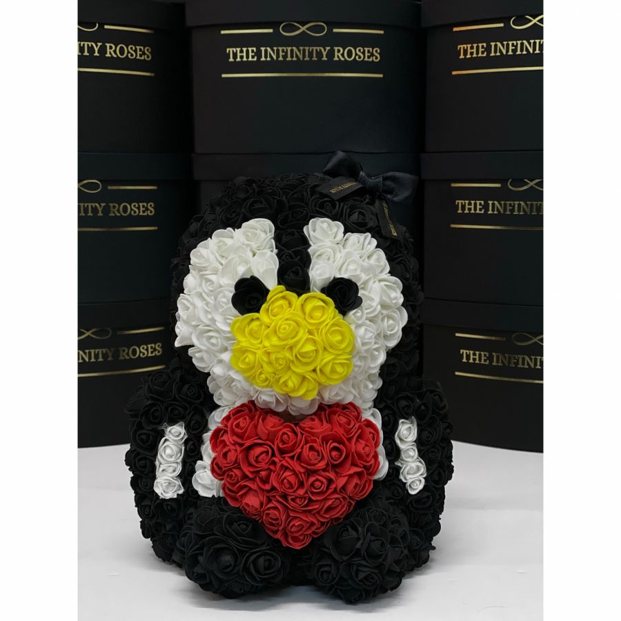 Cutie cadou cu mesaj personalizat pentru iubita si 21 trandafiri rosii  Pinguin din trandafiri cu inimioara rosie