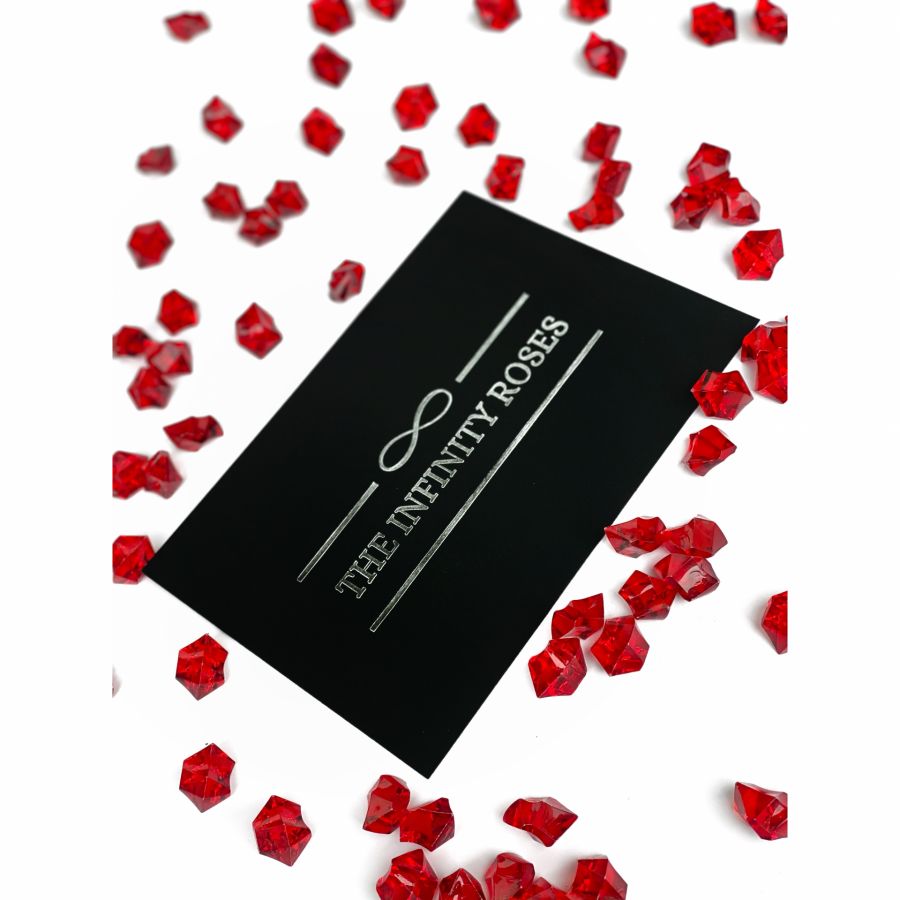 Cutie inel de logodna cu trandafir  Felicitare neagra cu text argintiu THE INFINITY ROSES