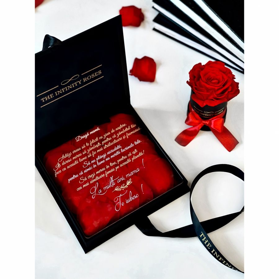 Martisor trandafir cu brosa in suport 3D Cutie cadou tip felicitare personalizata cu mesaj de ziua mamei/8martie